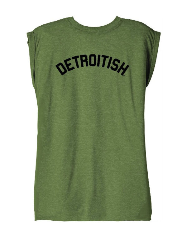 INK DETROIT DETROITISH WOMEN'S FLOWY MUSCLE T-SHIRT ROLLED CUFF - OLIVE